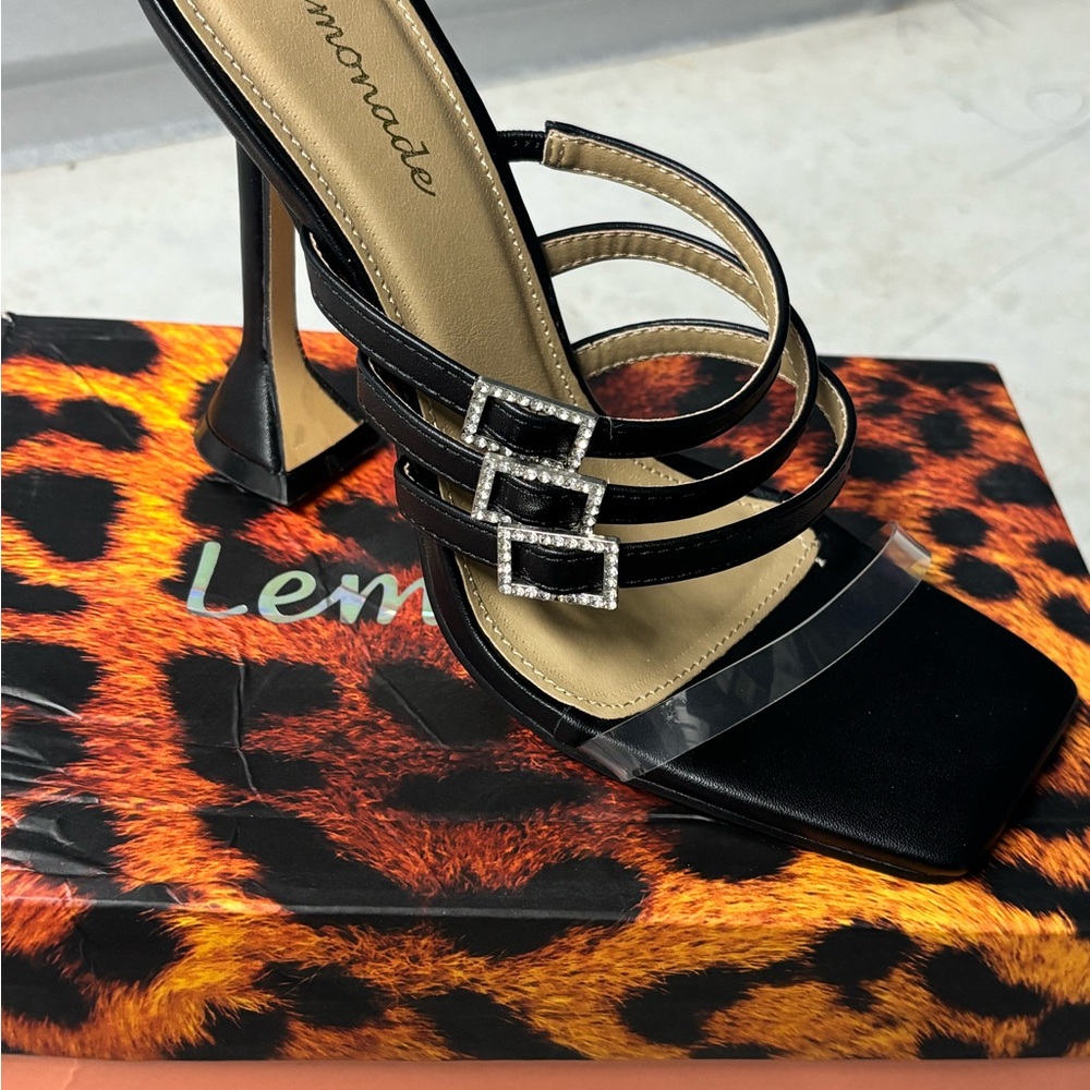 Lemon Black Strappy Gem-Buckle Stiletto Sandal